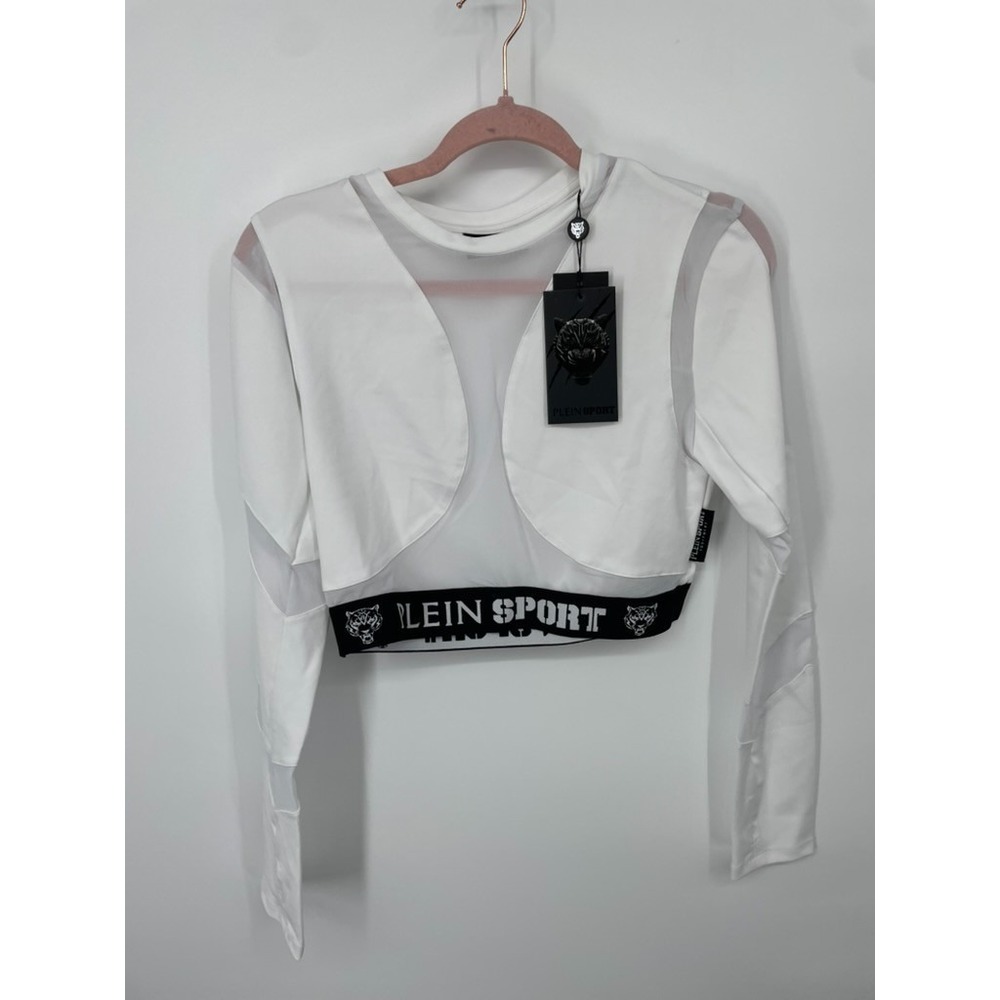 Plein Sport Jogging Cropped Top Women 2XL White LS Multicut Thumbhole Sleeve NWT